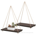 Set of 2 Brown Decorative Wall Hanging Shelf Distressed Wood Hanging Swing Rope Floating Shelves